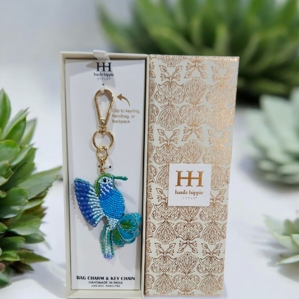 🦜▪️ Haute Hippie▪️ Blue and Green Beaded Humming Bird Bag Charm Or Keyring